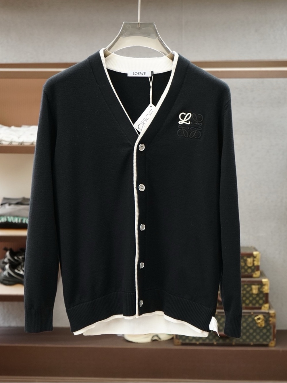 Loewe Black V-Neck Cardigan with Cream Contrast Trim